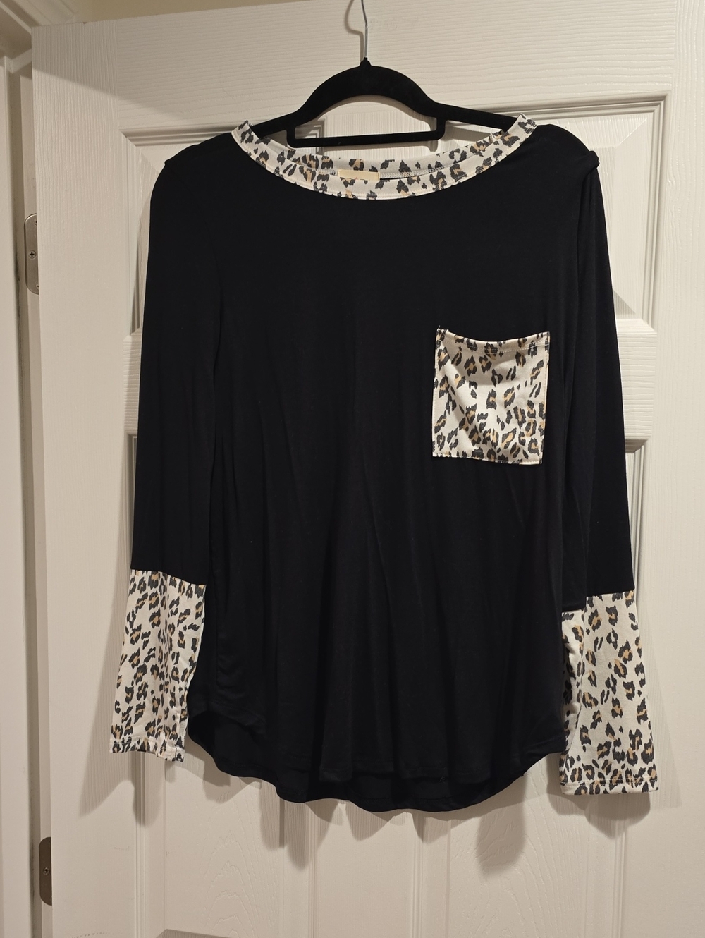 BiBi Black Long Sleeve Tee with Leopard-Print Trim
